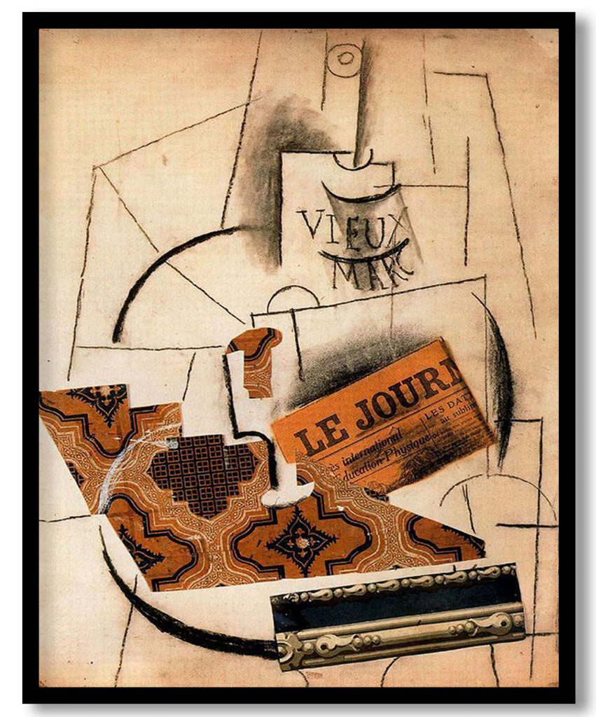 Bottle of Vieux Marc, Glass and Newspaper by Pablo Picasso (1913)