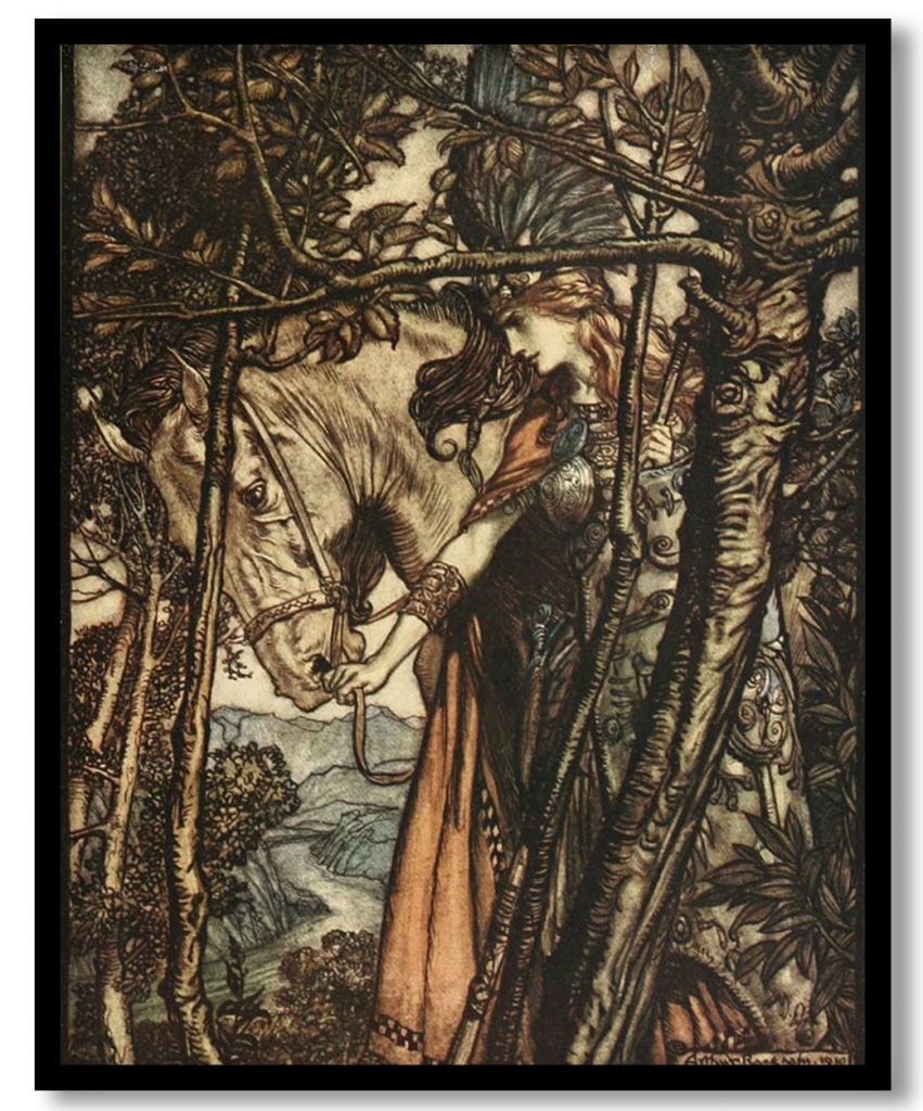 Brünnhilde slowly and silently leads her horse down the path to the cave by Arthur Rackham (Date Unknown)