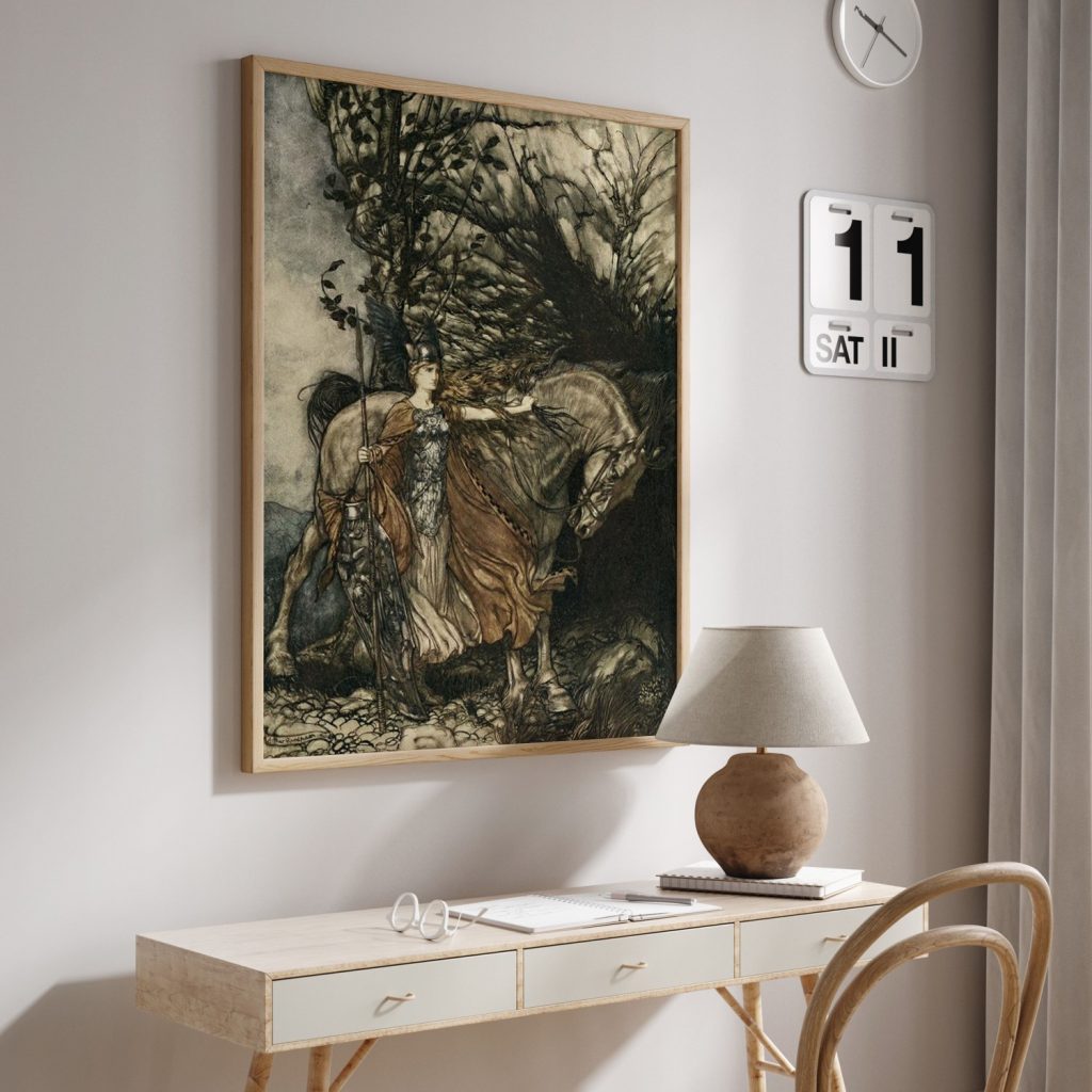 Brünnhilde with her horse, at the mouth of the cave by Arthur Rackham (Date Unknown)