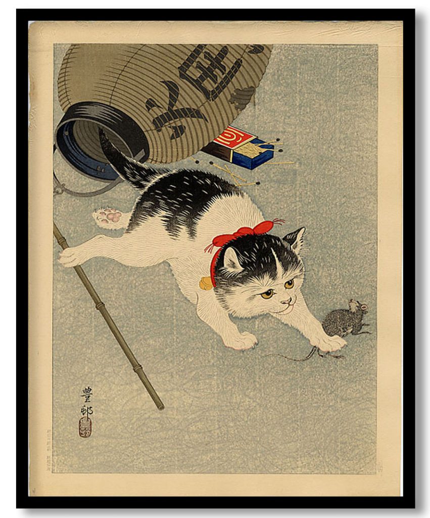 Cat Catching a Mouse by Ohara Koson (1930)
