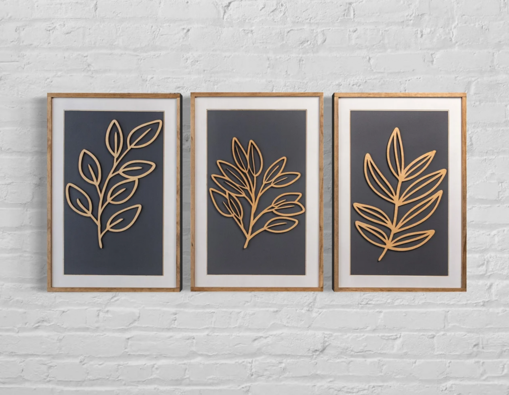 Wood Leaf Wall Art | Set of 3 | Leaf Line Art | Laser Cut Wall Art | Grey Leaf Wall Décor | Botanical Wood Art