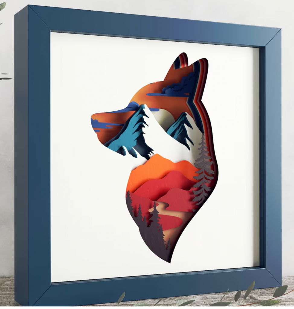 3D Wolf Shadow Box for Wood featuring Mountains, Moon, and Hunting Scene