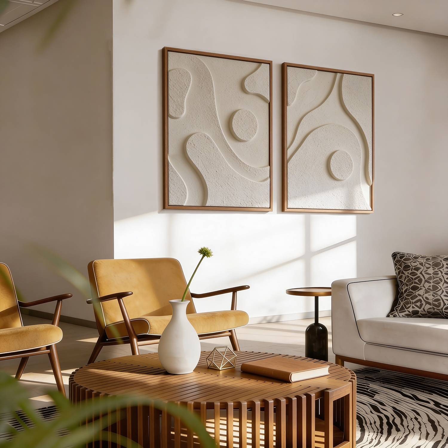 Boho Bloom: 3D Relief Wall Sculpture Art Set, Mid-Century Modern Style Home Decor, Textured Minimalist Duo