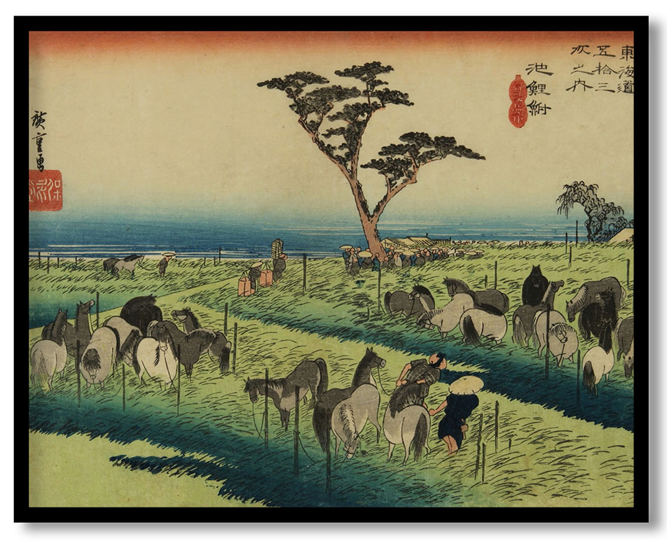 A Horse Fair, Chiriu, from the series the Fifty-three Stations of the Tokaido (Hoeido edition) by Utagawa Hiroshige (ca.1833)