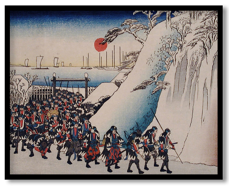 Act XI Sixth Episode: Rōnin Enter Sengakuji Temple to Pay Homage to Their Lord, Enya by Utagawa Hiroshige (circa 1835-1839)