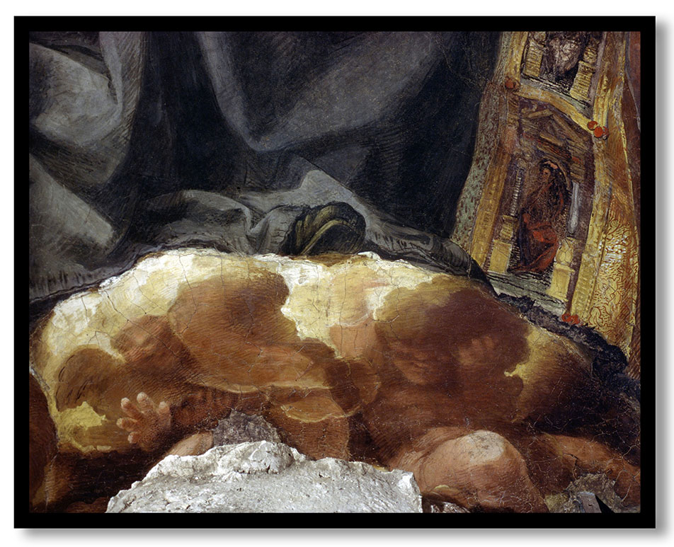 Angels under the cloud. Detail of the domed vault of St. Mauro's Chapel. Left transept by Michelangelo Anselmi (1521)