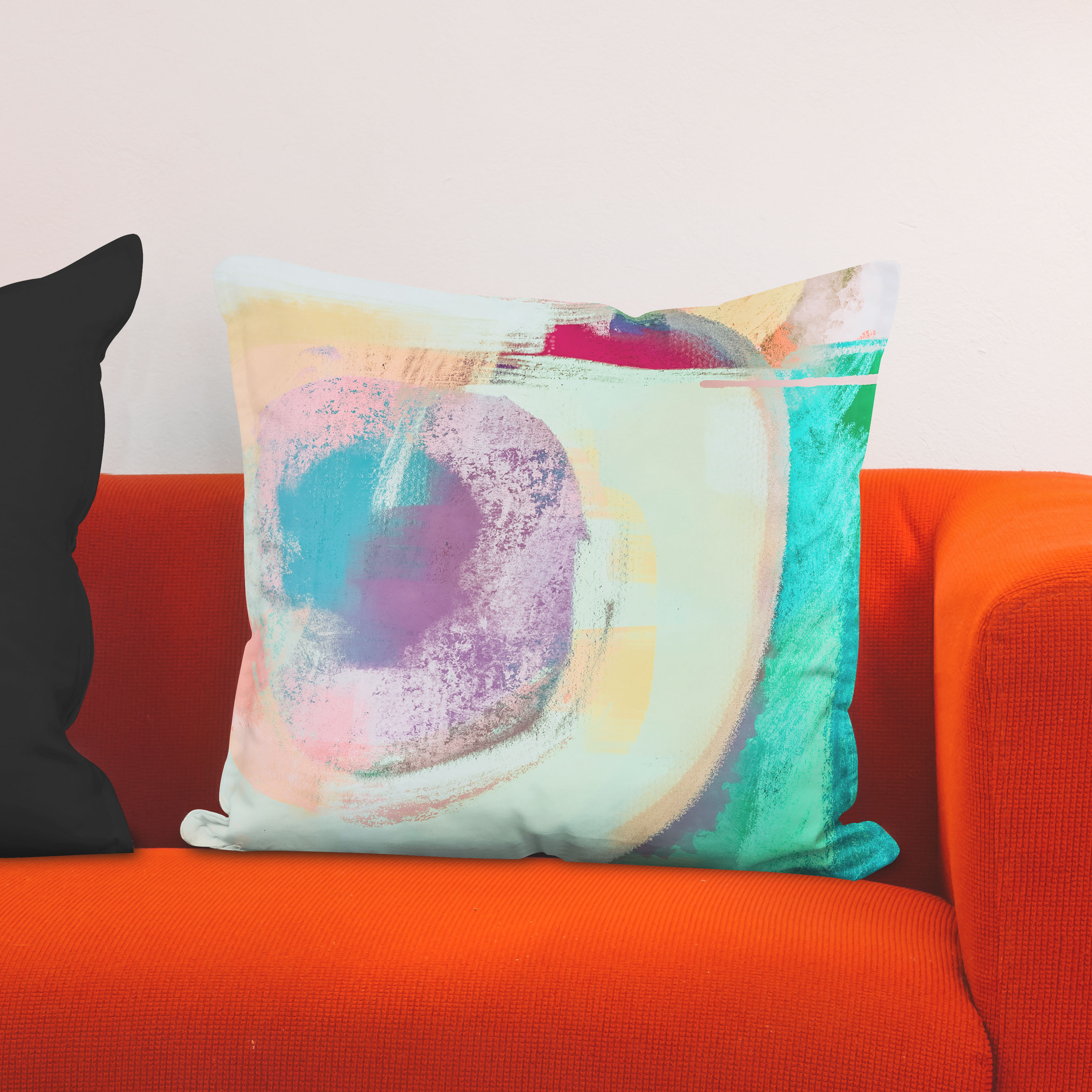 Red sofa with pillow and light lamp