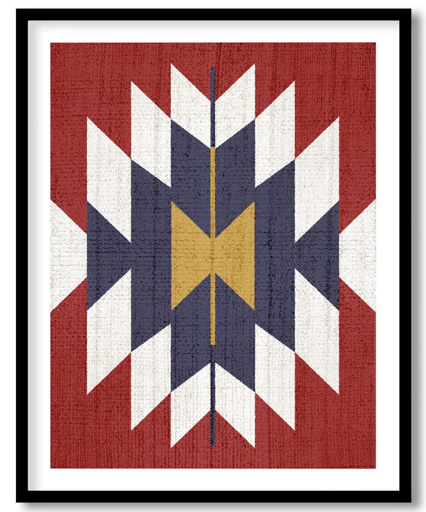 Aztec Print, Western Art Decor, Mexican Rug, Mexico, Tribal, Red Blue White Gold Wall Art, framed art,