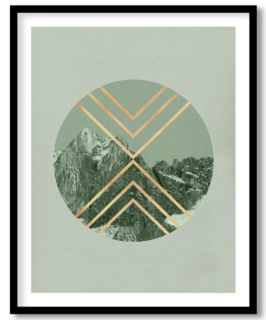 Geometric Mountains Print, Sage Green Decor, Faux Rose Gold Copper Foil, Mountain Photo, Moody Photography, Scandinavian Wall Art