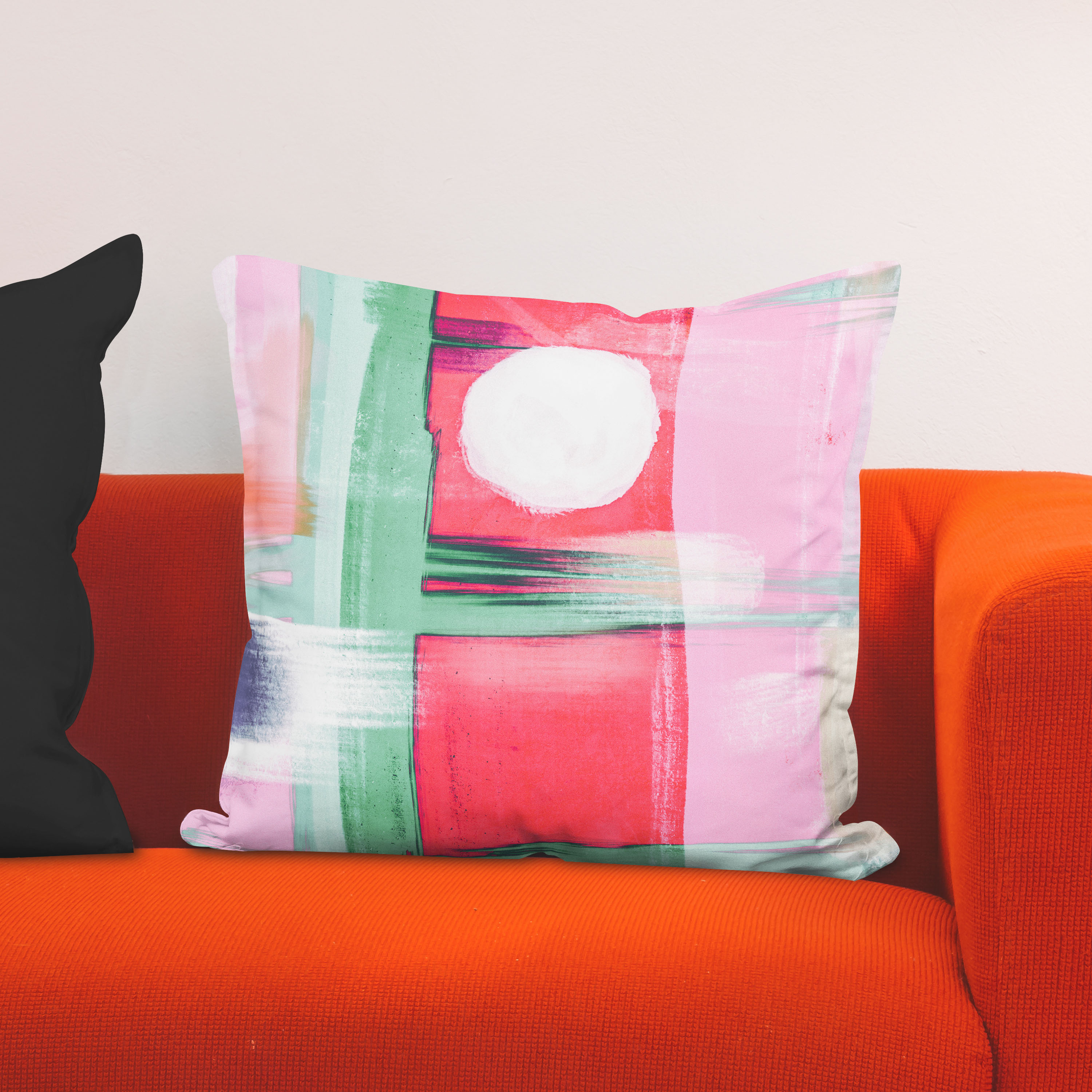 Red sofa with pillow and light lamp
