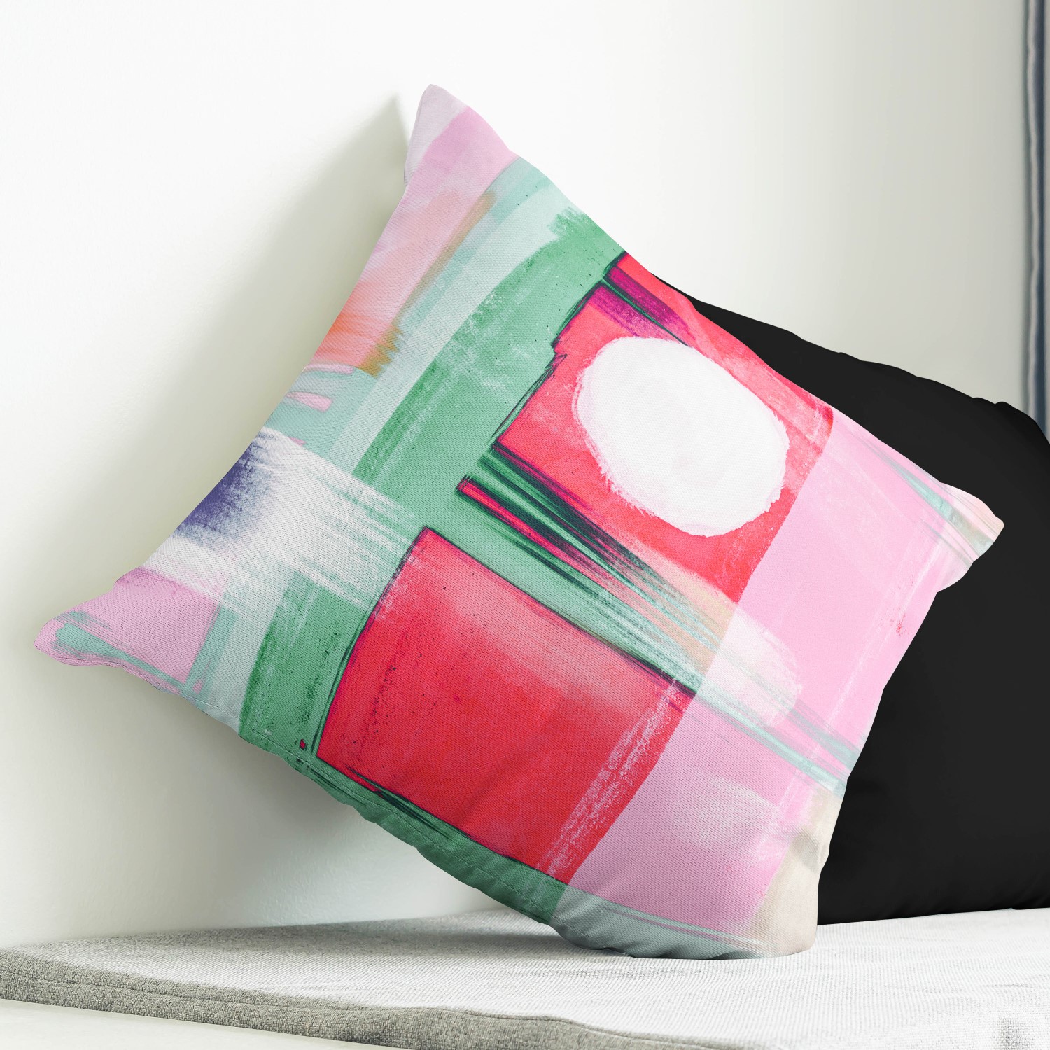 Red sofa with pillow and light lamp