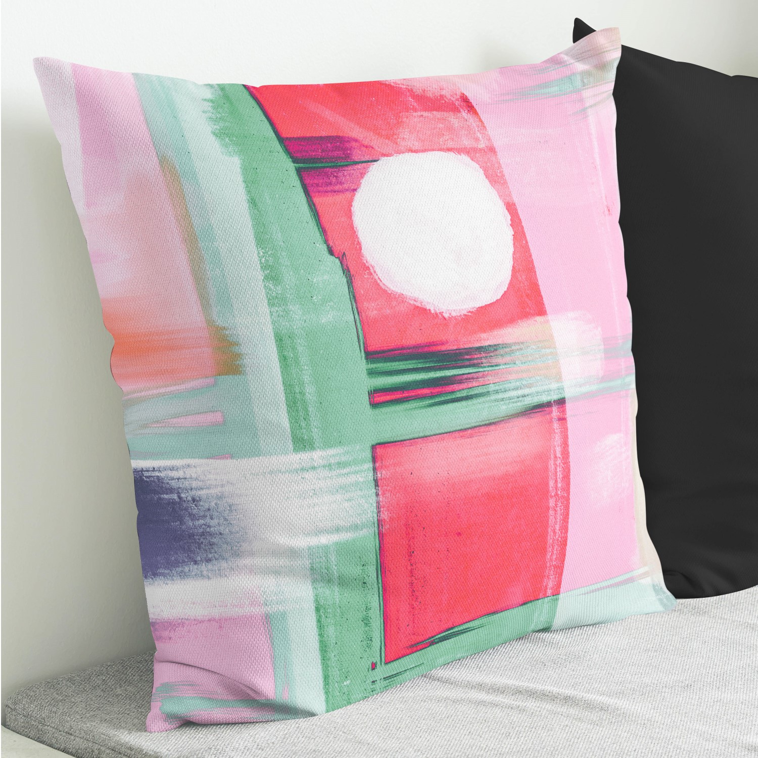 Red sofa with pillow and light lamp