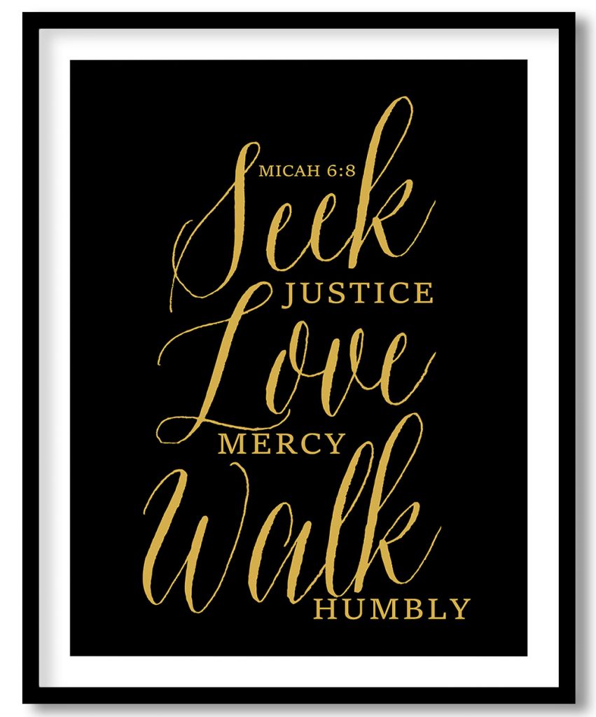 Bible Verse art print framed art Scripture Christian wall art decor poster, inspirational quote typography gold foil, seek justice love mercy