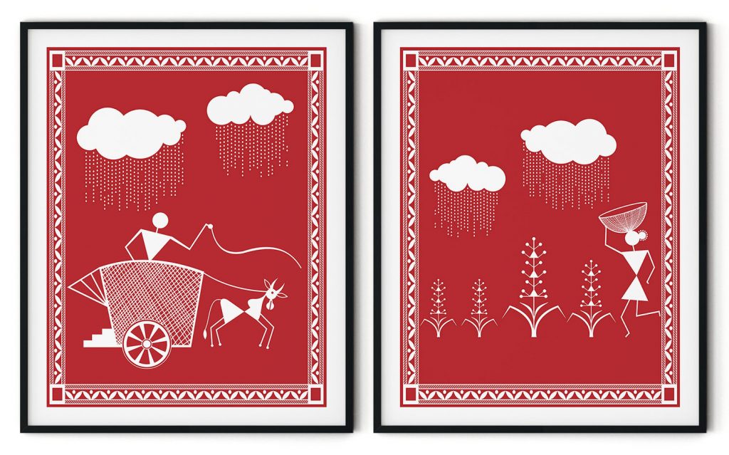 Set of 2 Warli art of man with bullock cart and farming