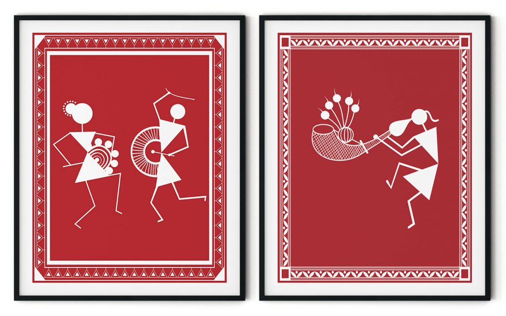 Set of 2 Warli painting of traditional village festival