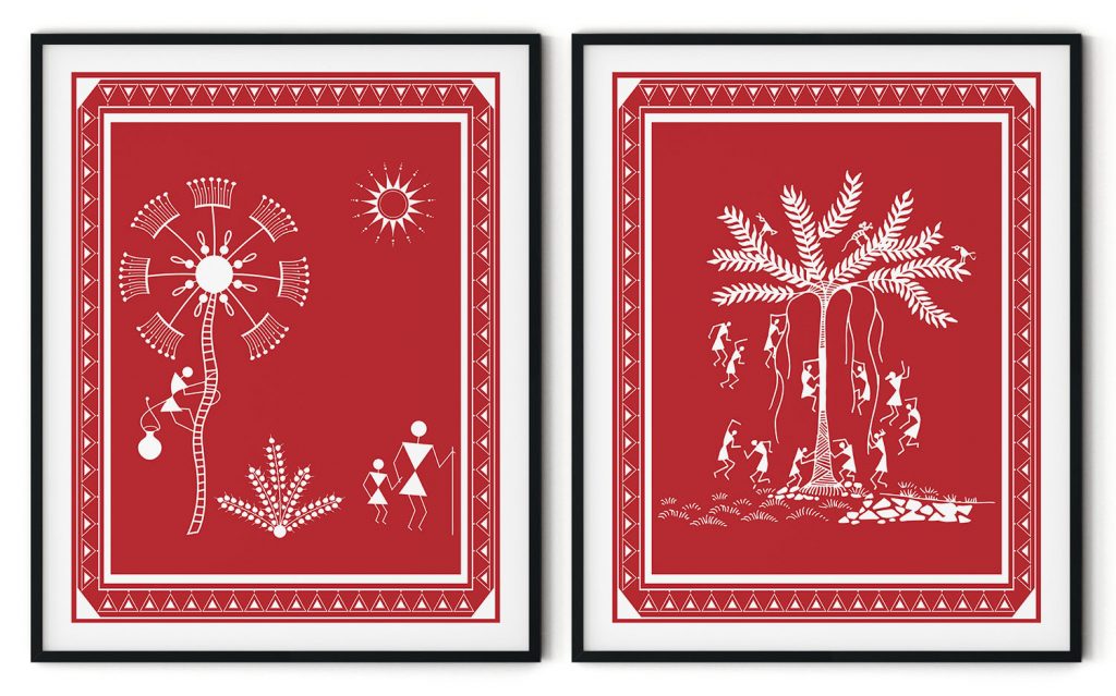 Set of 2 Warli art of tree and dandelion
