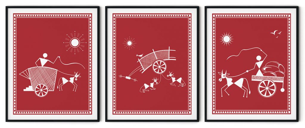 Set of 3 warli art bullock cart