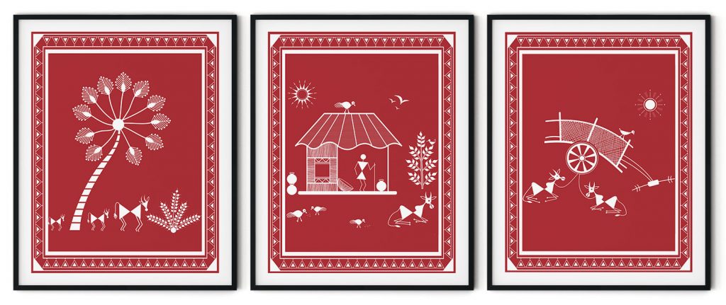 Set of 3 warli art village