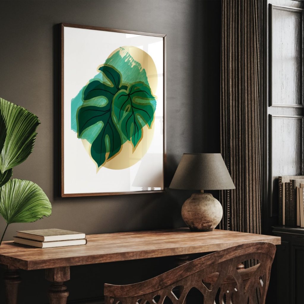 Botanical Monstera Leaves Gold Teal – Wall Art