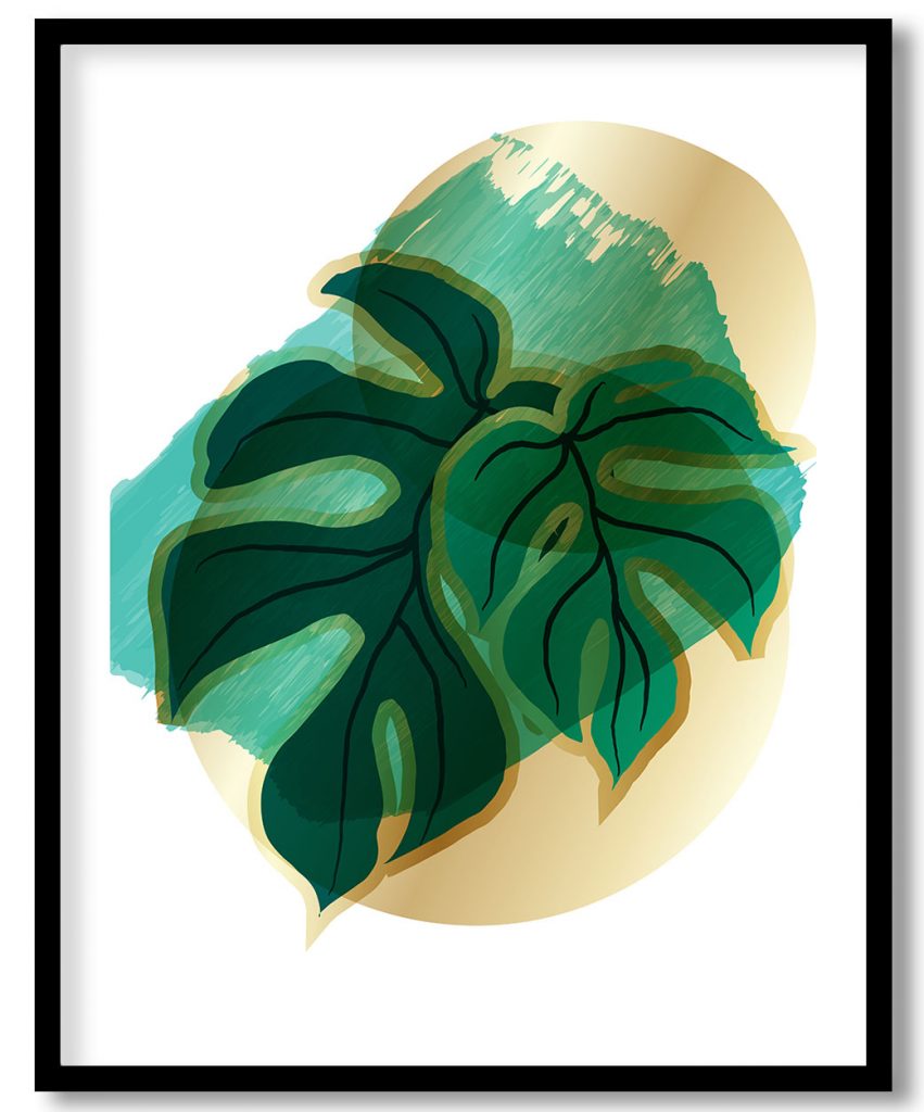 Minimalistic gold green monstera leaf abstract