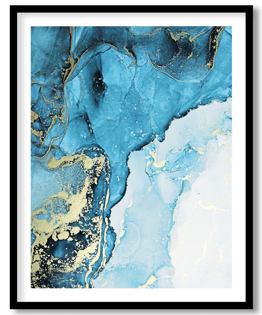 Abstract blue fluid ink aqueous golden art