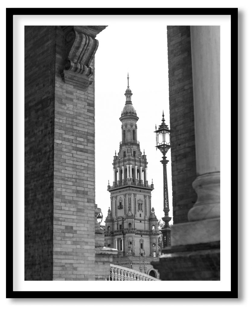 Church from pillars black and white
