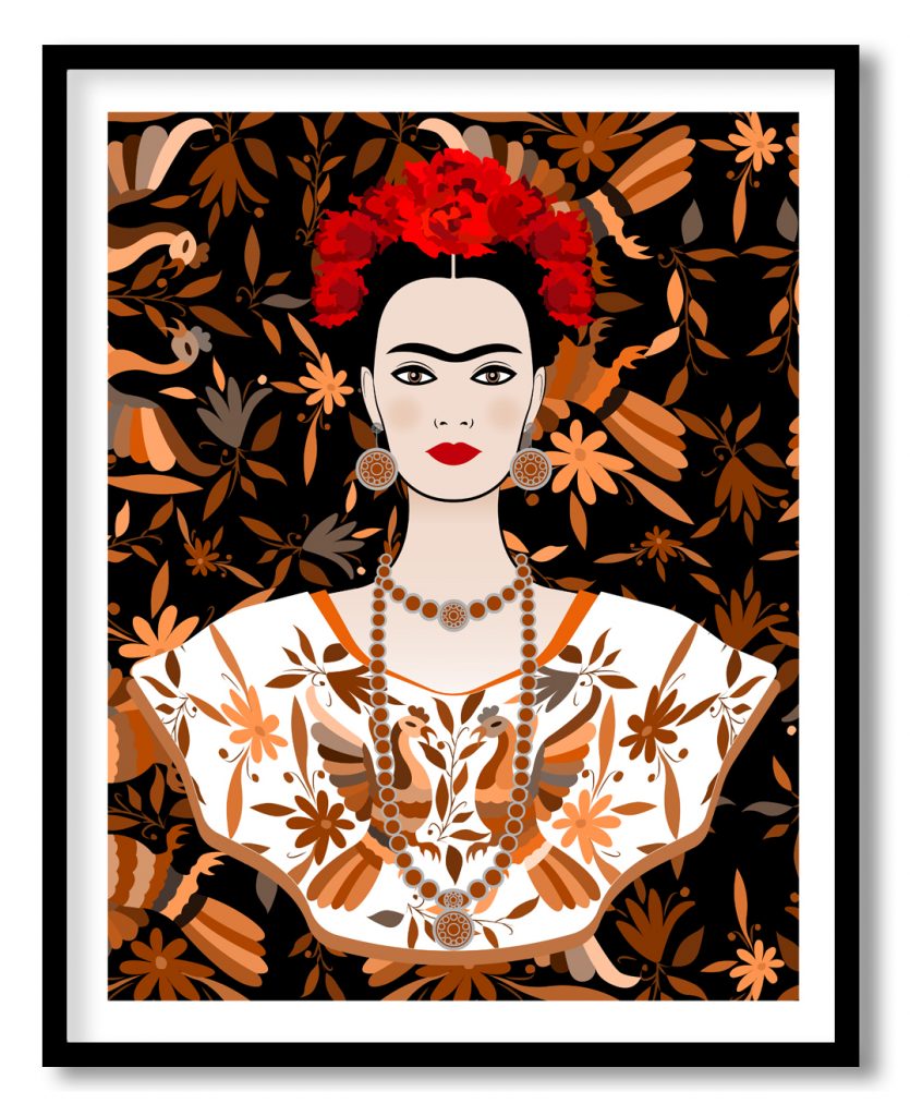 Brown floral portrait of Frida Kahlo