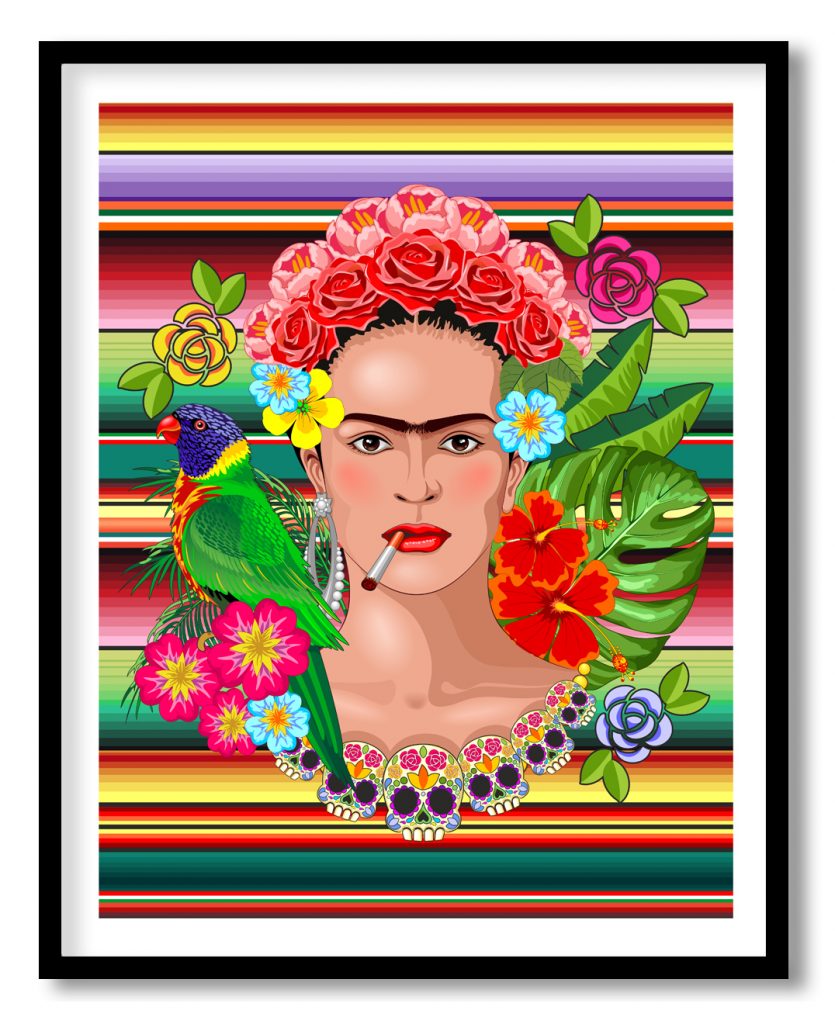 Colorful stripped portrait of Frida Kahlo