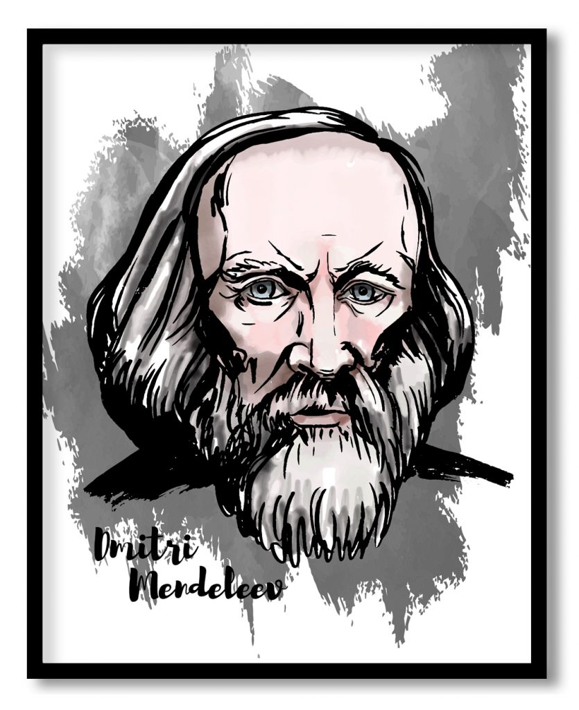 Watercolor portrait of Dmitri Mendeleev