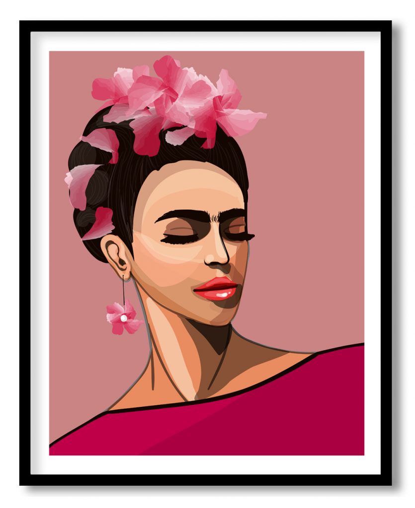 Beautiful pink portrait of Frida Kahlo