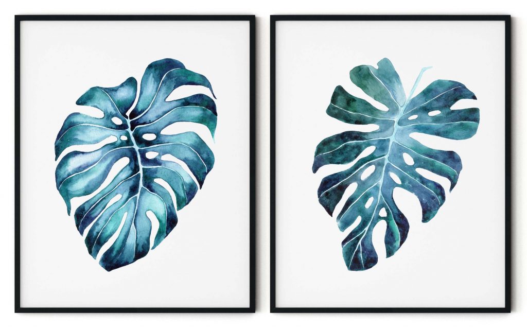 Set of 2 green and blue leaves botanical
