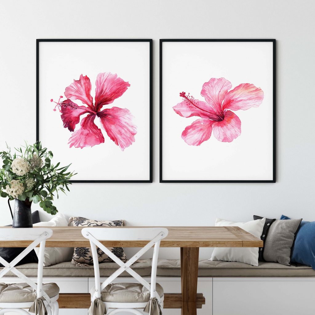 Botanical Two Pink Hibiscus – Home Decor