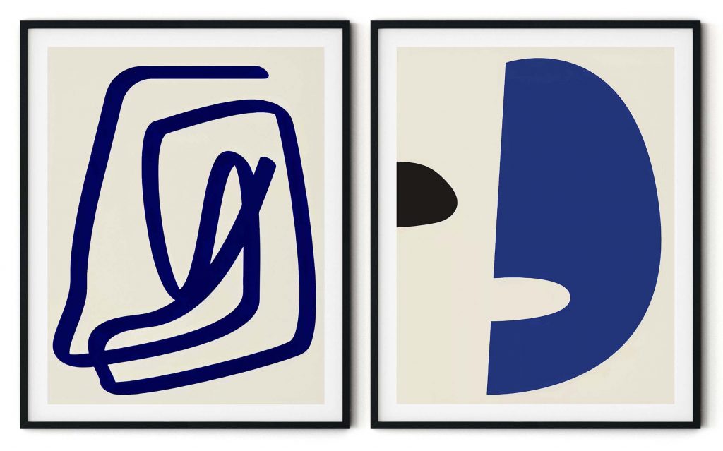 Set of 2 minimalist blue line drawing face figure Scandinavian