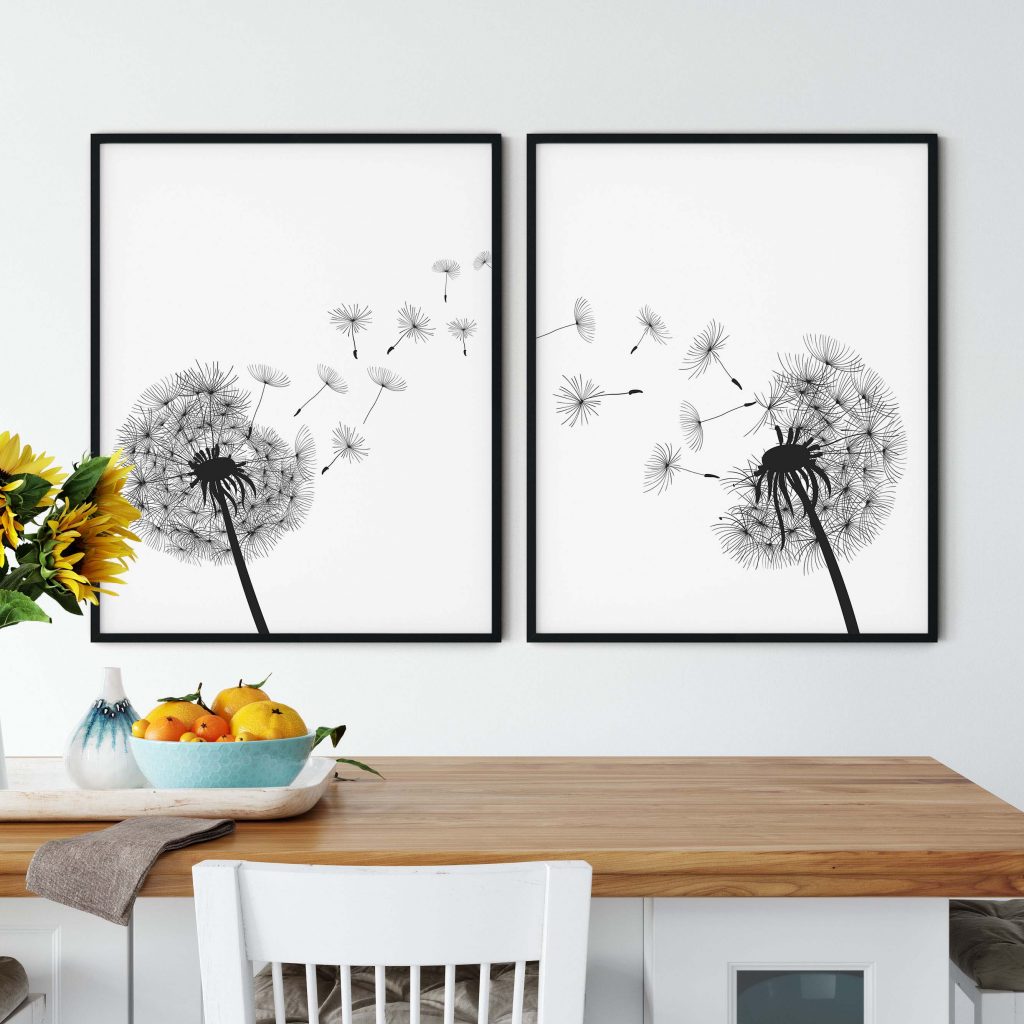 Set of 2 dandelion flowers Wall Art Decor, Framed Painting, Home