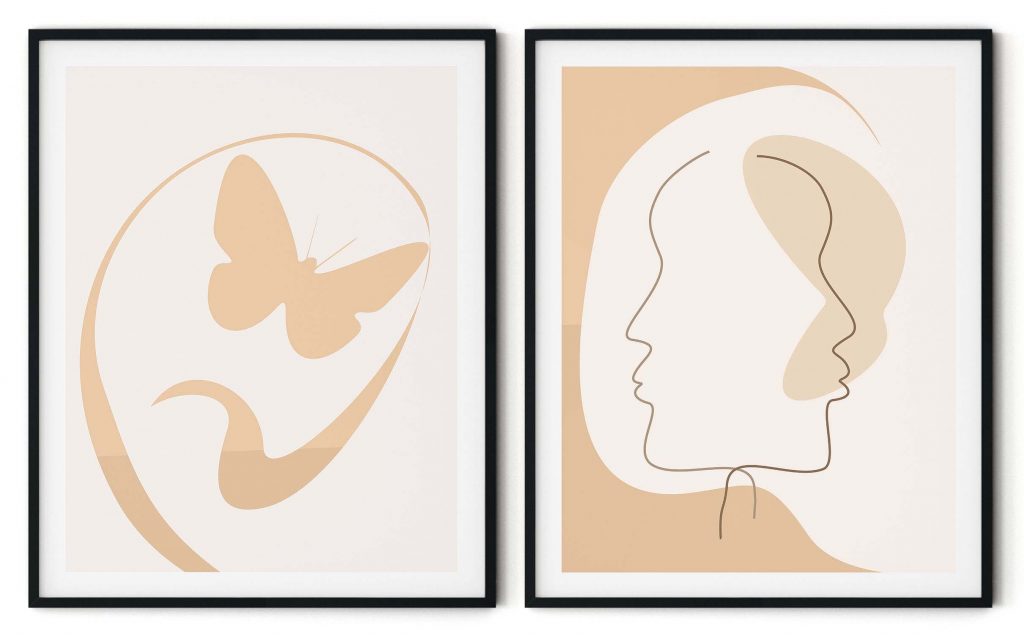 Set of 2 face line drawing and butterfly
