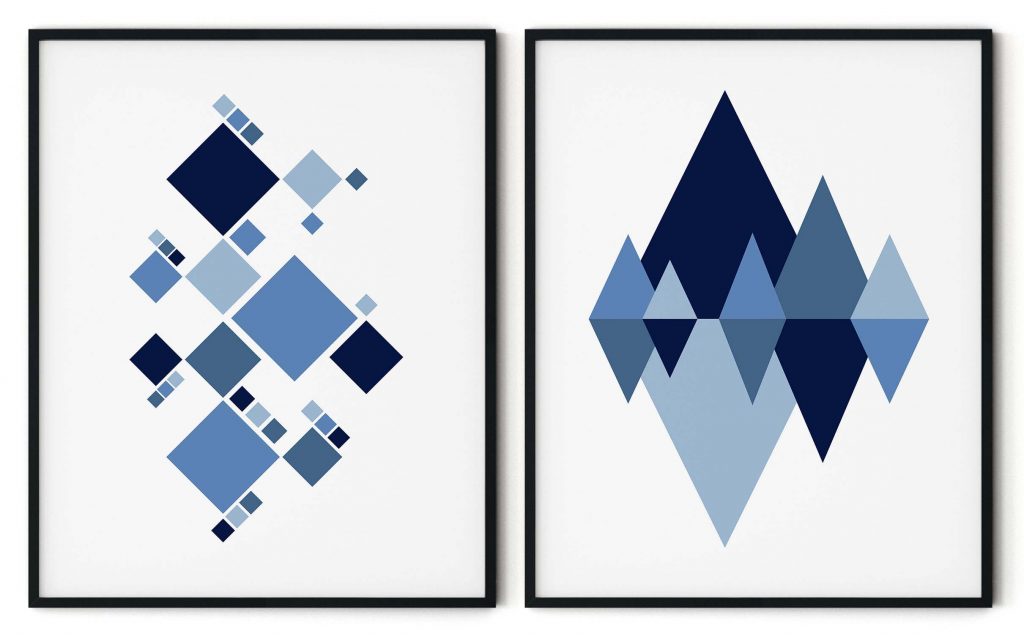 Set of 2 minimalist blue triangle and diamond