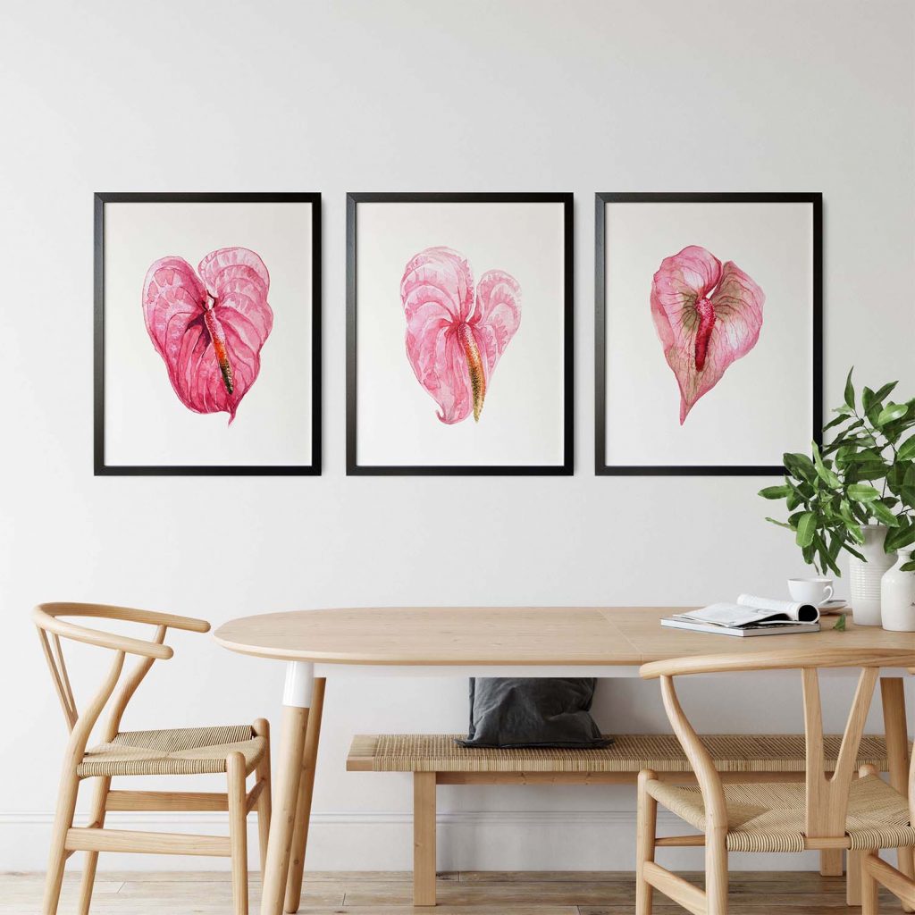 Botanical Three Pink Anthurium Flowers – Wall Hanging