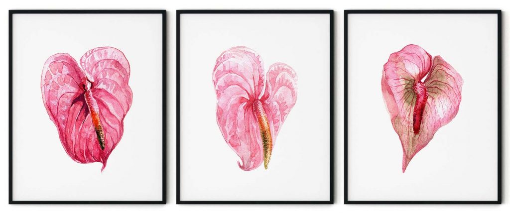 Set of 3 rose pink leaves botanical