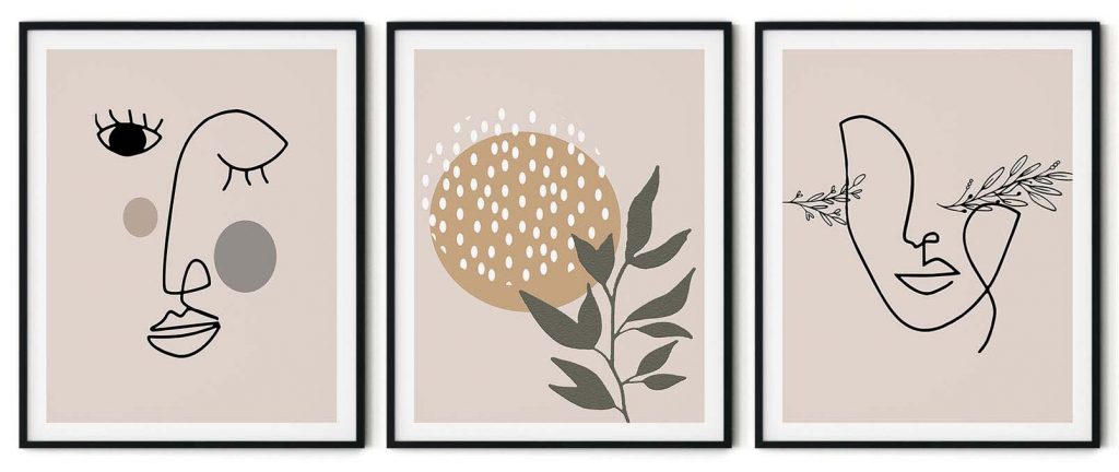 Set of 3 circle face botanical line drawing