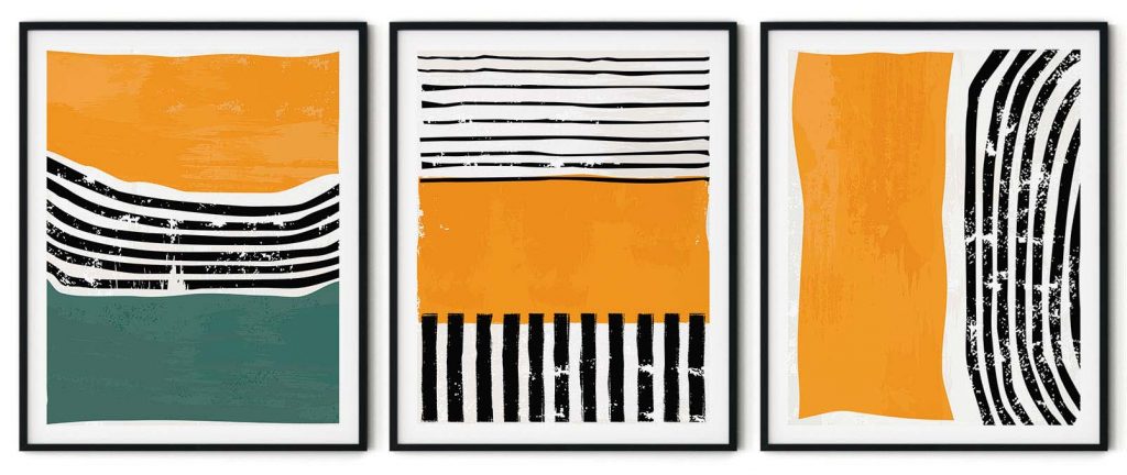 Set of 3 black brushstroke drawing yellow abstract