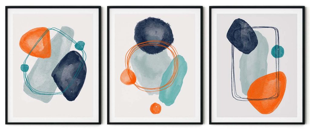Set of 3 orange blue shapes abstract