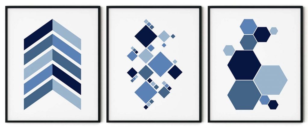 Set of 3 minimalist blue triangle geometric shapes