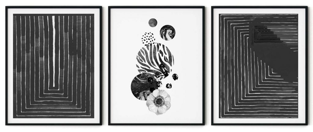Set of 3 Scandinavian black botanical flower abstract
