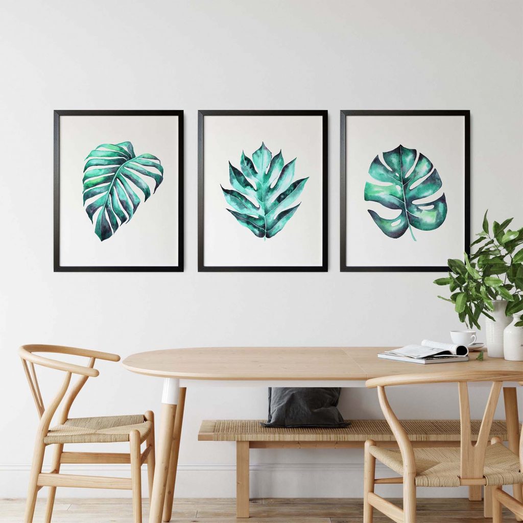 Botanical Three Green Monstera Leaves – Wall Painting
