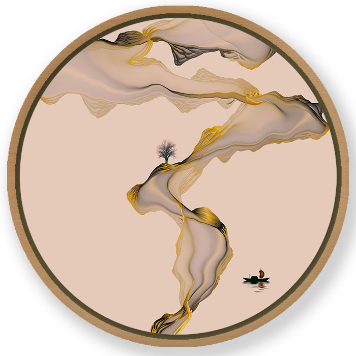 Inkish japanese landscape #852 - Circular Wooden Frame