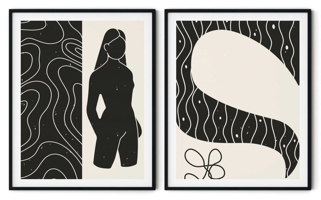 Set of 2 black human figure aesthetic abstract