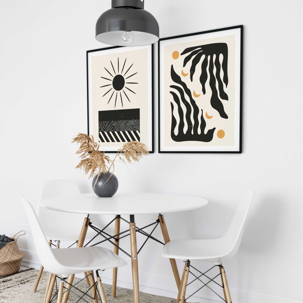 Set of 2 black sun and botanical aesthetic abstract Wall Art Decor