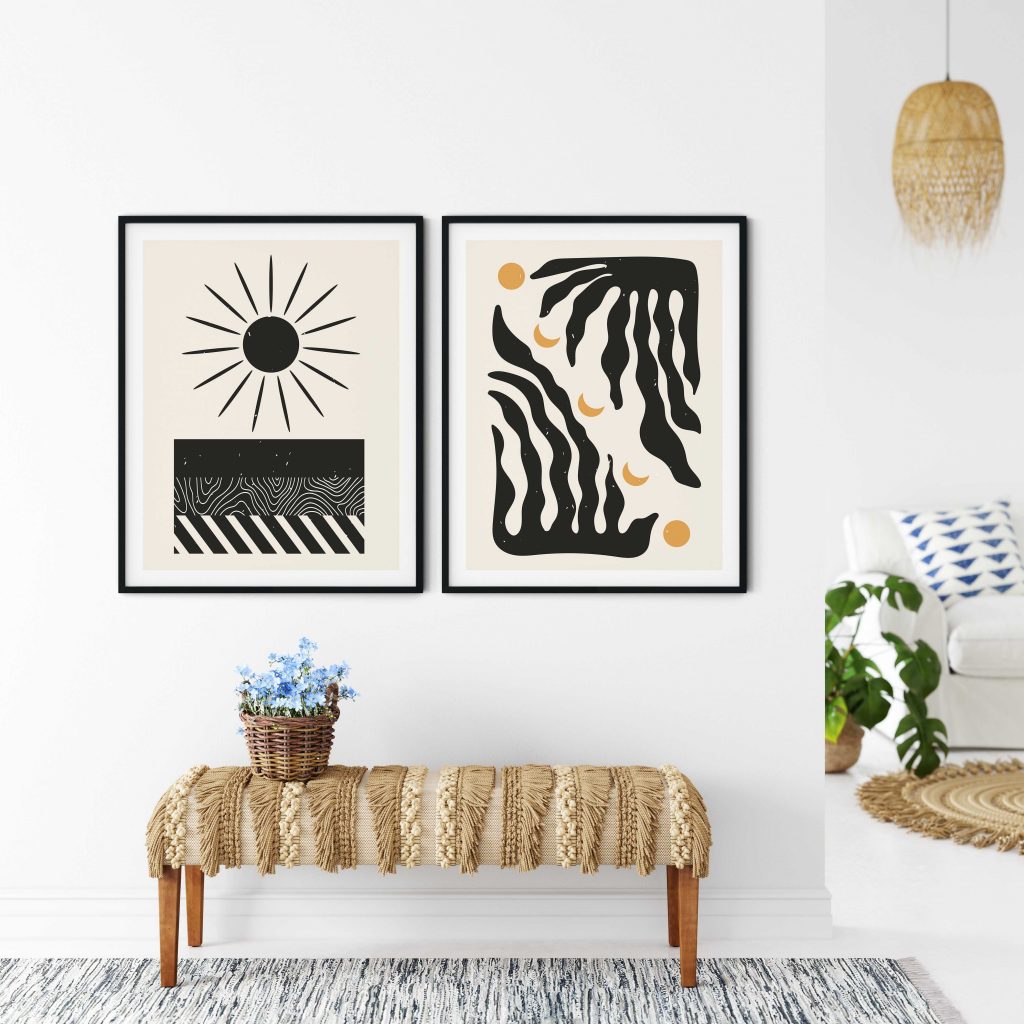 Set of 2 black sun and botanical aesthetic abstract Wall Art Decor