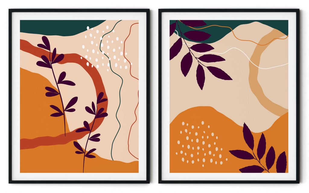 Set of 2 orange burnt abstract botanical
