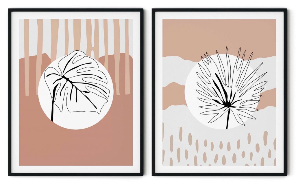 Set of 2 abstract circle black line botanical